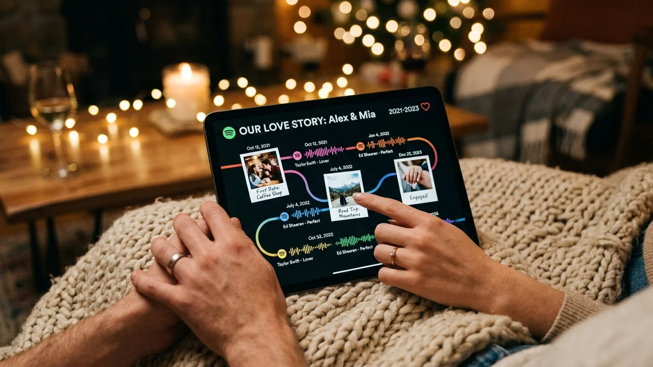 A couple's year in review as an interactive music-style recap timeline