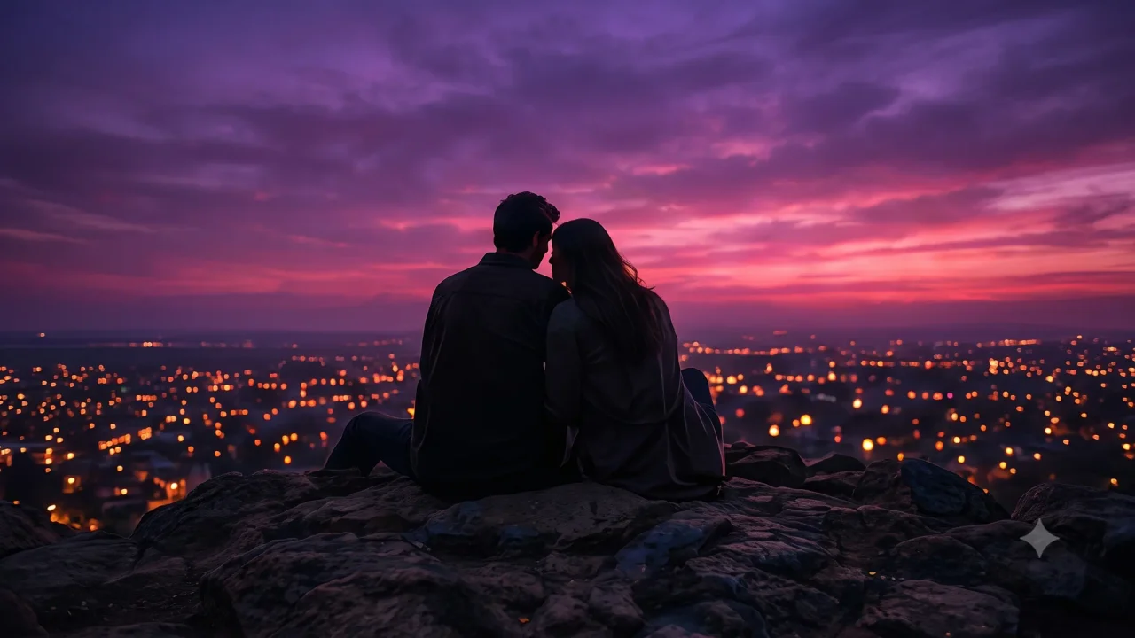 Two partners connected across the distance and starry city lights